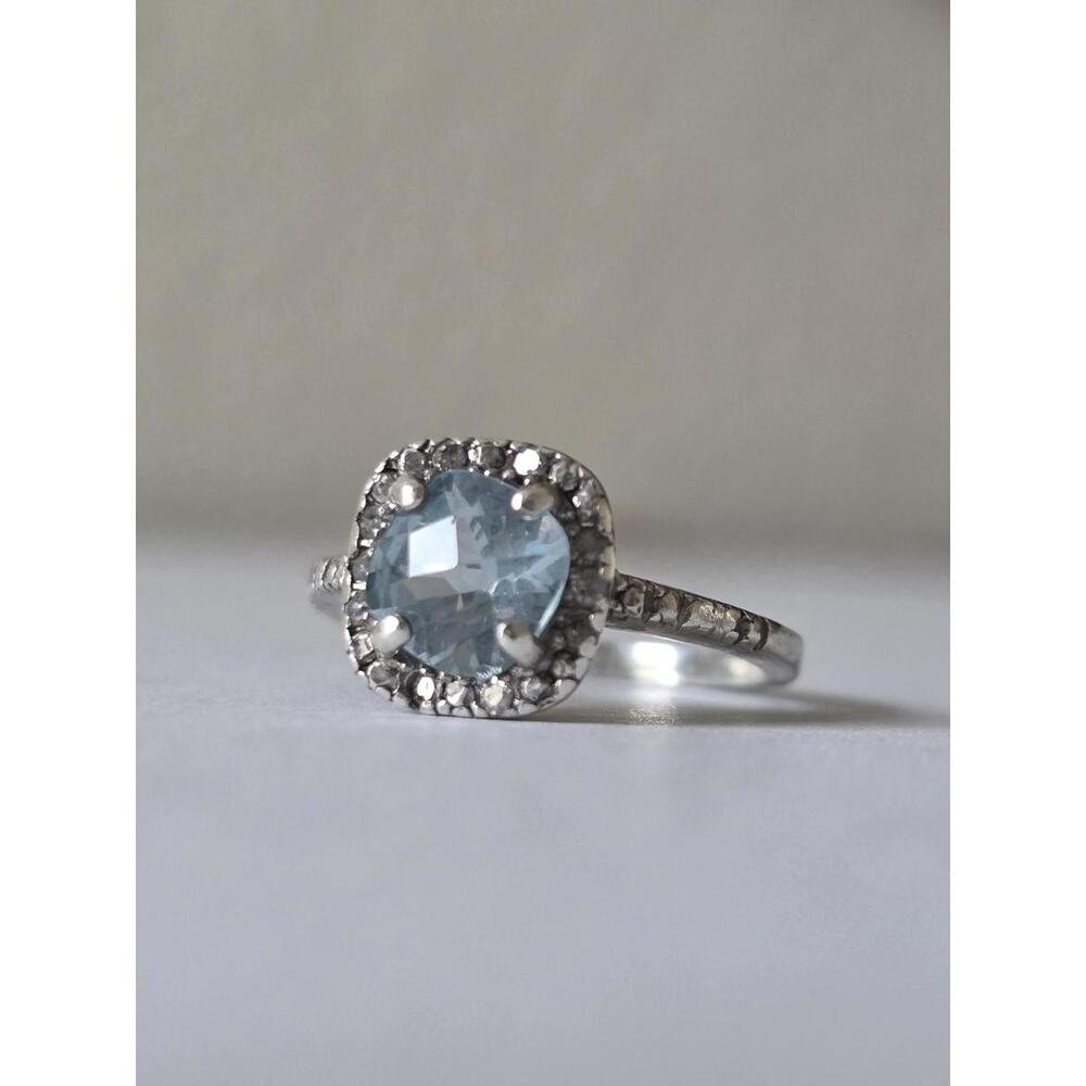 Dee Berkley Jewelry Sterling Silver Blue Topaz & Diamond Halo Ring
